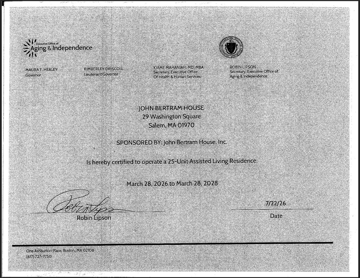 Massachusetts Assisted Living License for John Bertram House of Salem