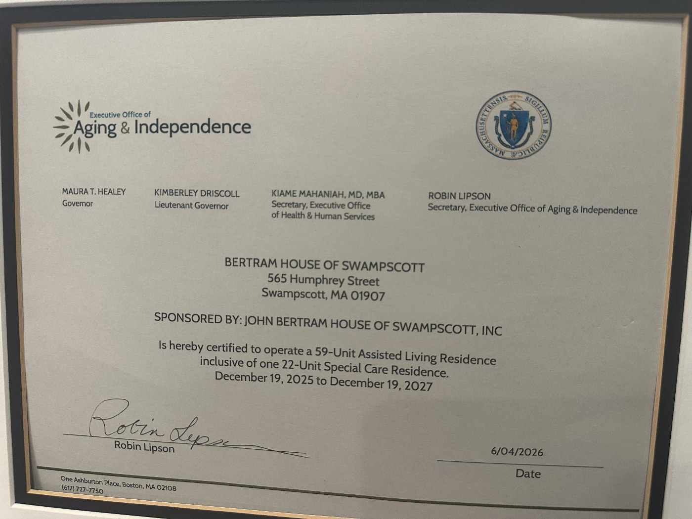 Massachusetts Assisted Living License for John Bertram House of Swampscott