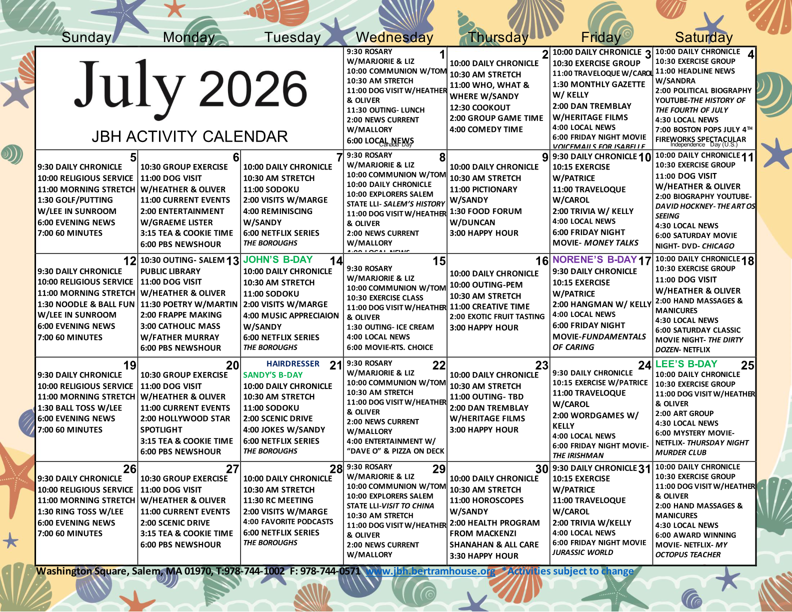 John Bertram House of Salem activity calendar — July 2026