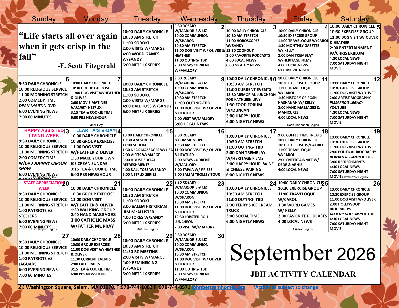 John Bertram House of Salem activity calendar — September 2026