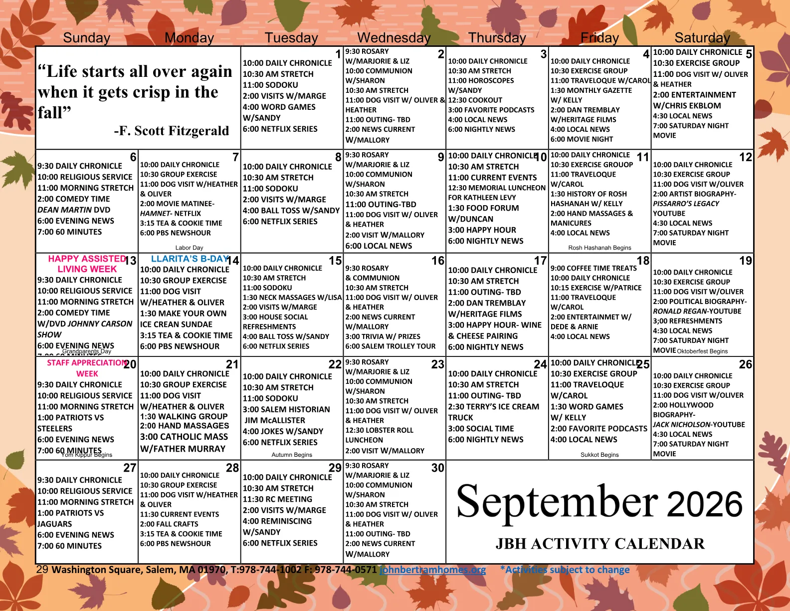 John Bertram House of Salem activity calendar — September 2026